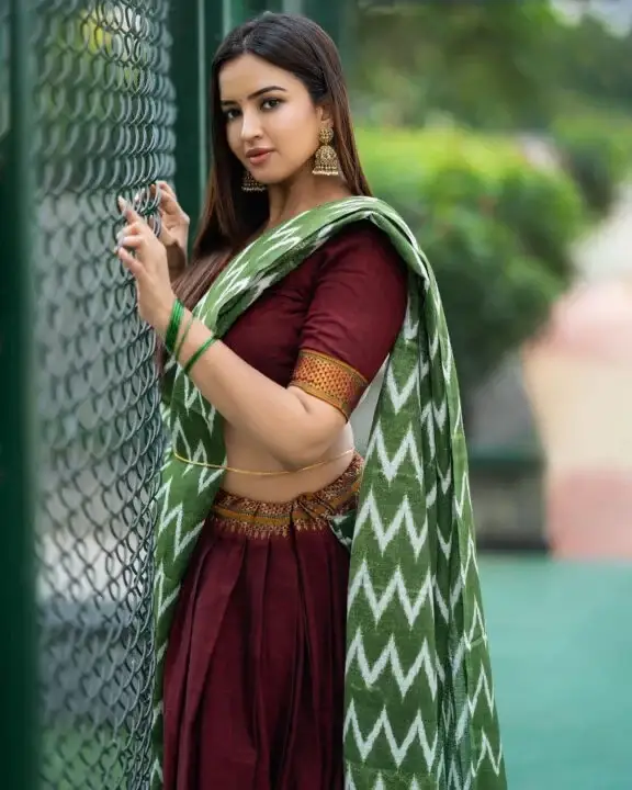 Indian Actress Pujita Ponnada in Traditional Maroon Lehenga Choli